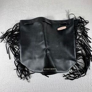 Victoria Secret Backpack Black Drawstring Bucket Bag Fringe Purse $85 MSRP